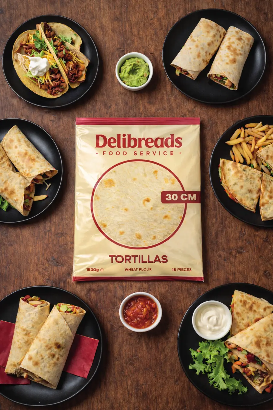 Bolsa de tortillas Delibreads Foodservice de 30 cm rodeada de platos con wraps, tacos y quesadillas
