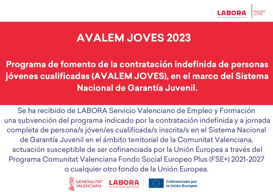 Cartel oficial con los logotipos de LABORA, Avalem Joves, la Generalitat Valenciana y la Unión Europea