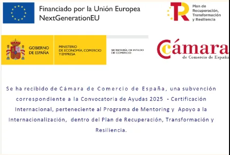 Cartel oficial con los logotipos de NextGenerationEU, el Plan de Recuperación, el Gobierno de España (Ministerio de Economía, Comercio y Empresa) y la Cámara de Comercio de España