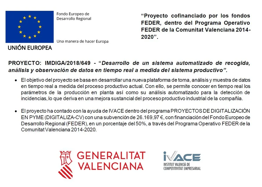 Cartel oficial del proyecto con los logotipos de la Unión Europea (FEDER), la Generalitat Valenciana e IVACE