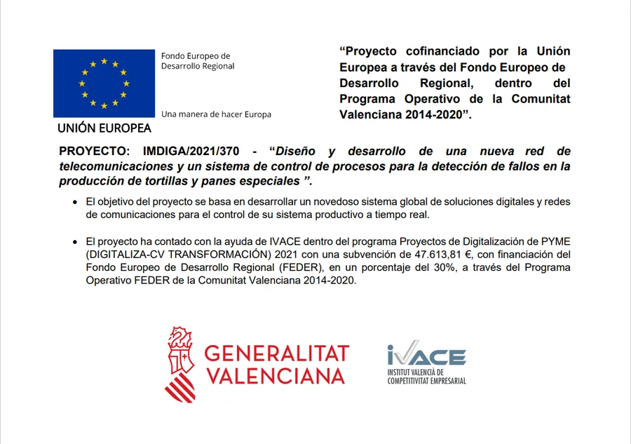Cartel oficial del proyecto con los logotipos de la Unión Europea (FEDER), la Generalitat Valenciana e IVACE