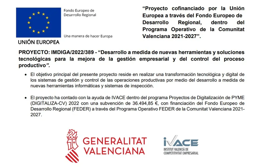 Cartel oficial del proyecto con los logotipos de la Unión Europea (FEDER), la Generalitat Valenciana e IVACE