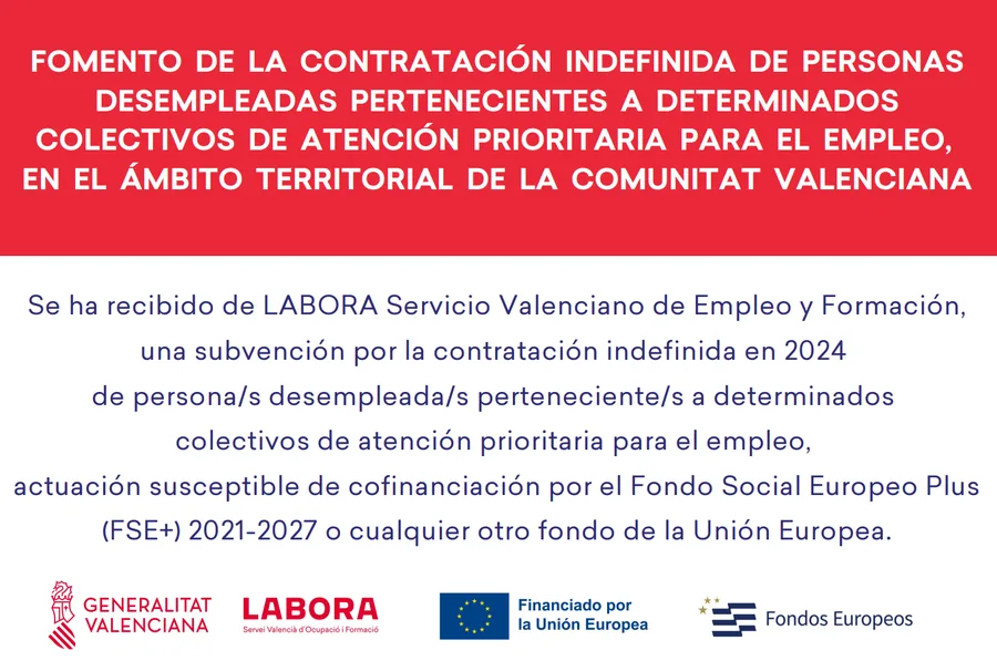 Cartel oficial con los logotipos de la Generalitat Valenciana, LABORA, la Unión Europea y Fondos Europeos