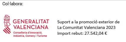 Cartel oficial en valenciano: «Col·labora: Generalitat Valenciana, Conselleria d’Innovació, Indústria, Comerç i Turisme. Suport a la promoció exterior de la Comunitat Valenciana 2023. Import rebut: 27.542,04 €»